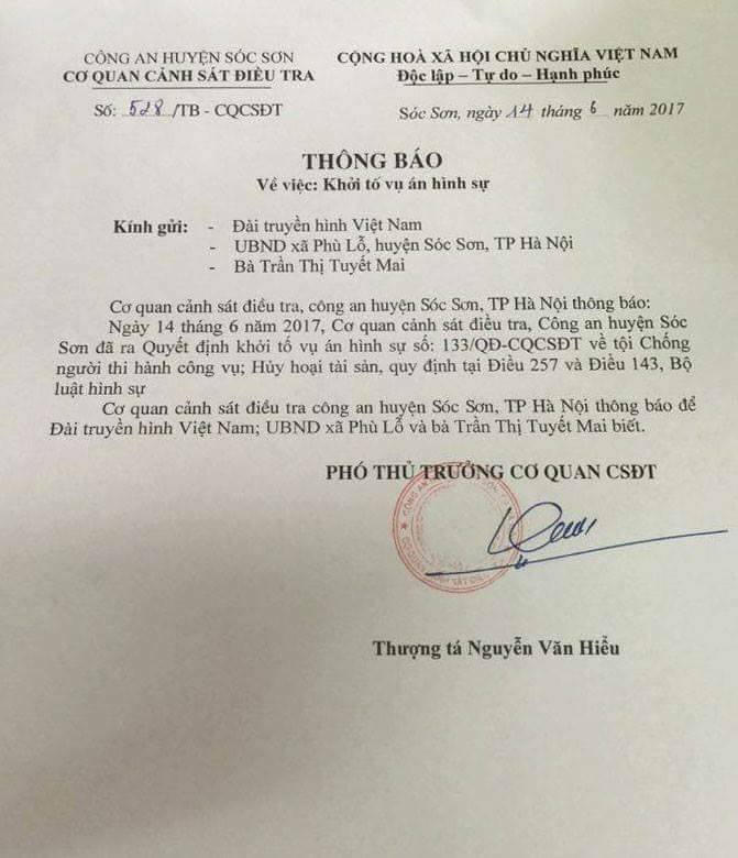 Thông báo về việc khởi tố vụ án.