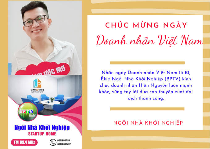 Hình ảnh chàng trai 8x Nguyễn Sỹ Hiền “tươi roi rói” trên thiệp chúc mừng của Chương trình Phát thanh trực tiếp “Ngôi nhà khởi nghiệp” (Đài Phát thanh - Truyền hình và Báo Bình Phước)