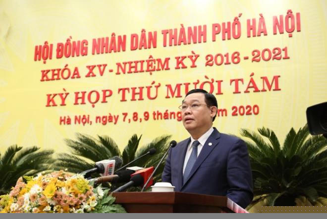 Bí thư Thành ủy Hà Nội Vương Đình Huệ phát biểu tại phiên khai mạc Kỳ họp thứ 18, HĐND TP Hà Nội.