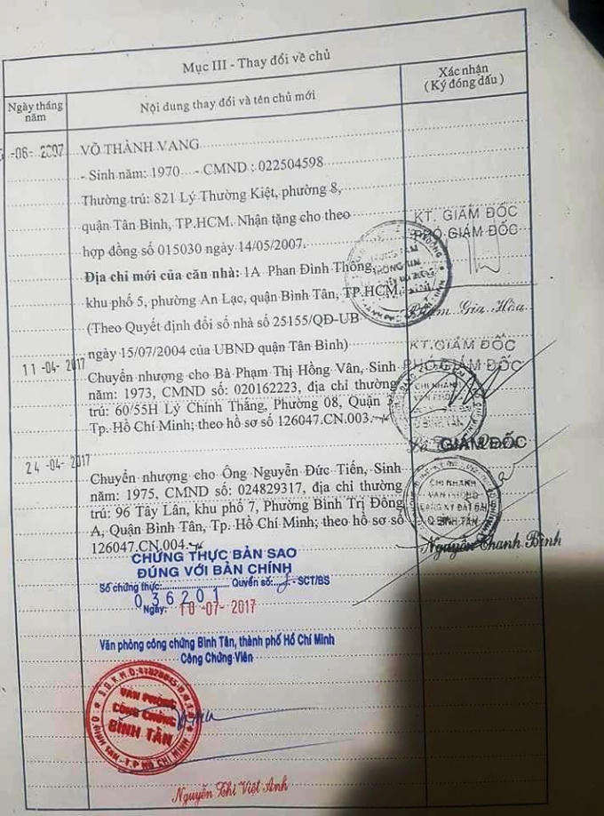 Giấy chứng nhận đã cập nhật đăng bộ sang tên cho ông Tiến.