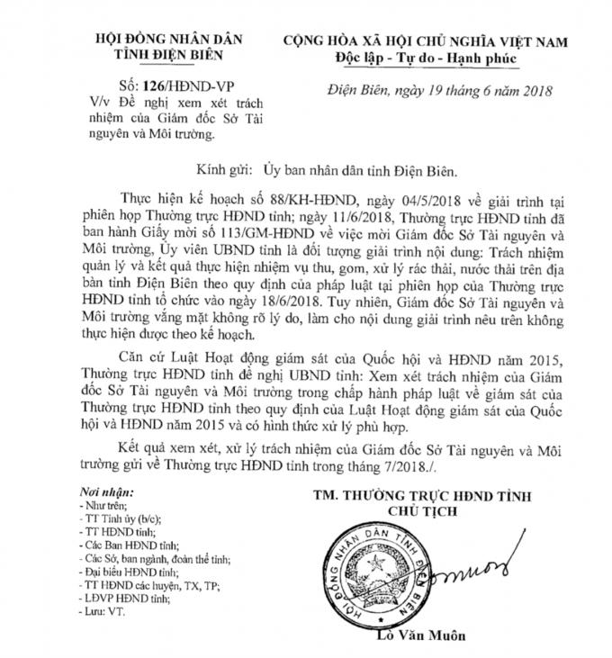 Văn bản của HĐND tỉnh Điện Biên gửi tới UBND tỉnh Điện Biên đề nghị xem xét trách nhiệm của Giám đốc Sở TNMT tỉnh.