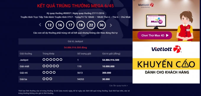 Lại c&oacute; người tr&uacute;ng thưởng gần 55 tỷ đồng từ xổ số Vietlott