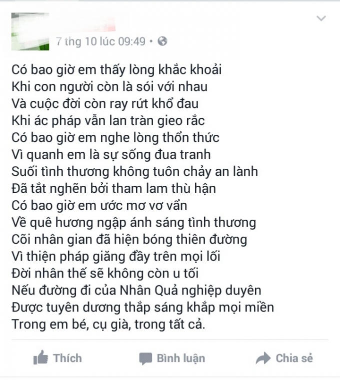 Một bài thơ được viết lên trang Facebook cá nhân cho rằng là của nạn nhân trong buổi sáng xảy ra sự việc.