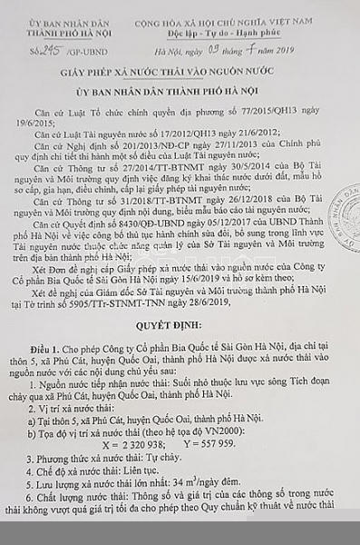 Giấy phép xả nước thải vào nguồn nước do UBND TP Hà Nội cấp