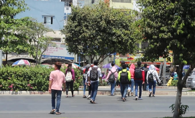 Từng tốp sinh viên nối nhau thản nhiên qua đường...