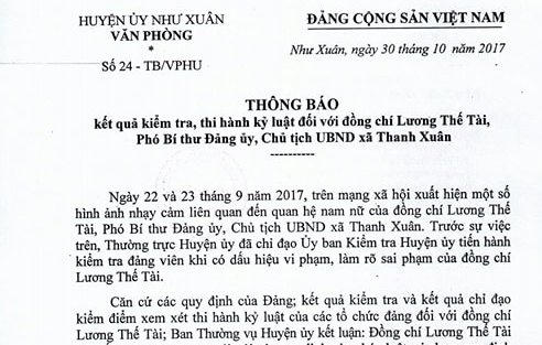 Thông báo kết quả kiểm tra, thi hành kỷ luật đối với Chủ tịch UBND xã Thanh Xuân.
