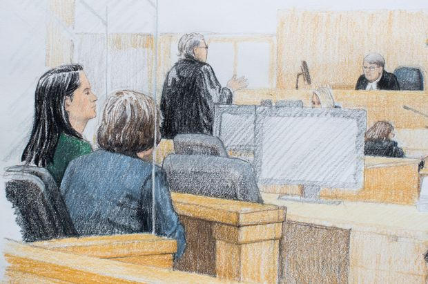 Ph&aacute;c họa phi&ecirc;n điều trần về việc bảo l&atilde;nh tại ngoại đối với b&agrave; Mạnh V&atilde;n Chu tại một t&ograve;a &aacute;n ở Vancouver. Ảnh: Canada Press