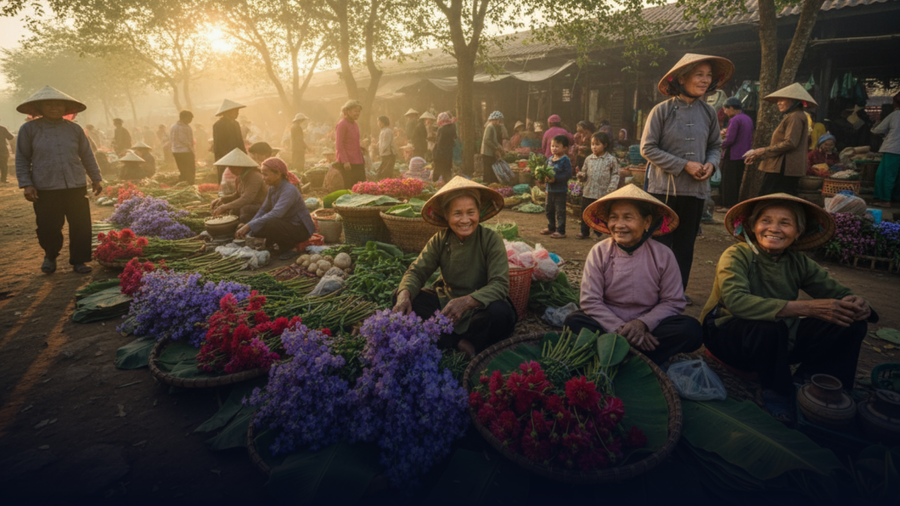 Chợ quê ngày Tết không chỉ là nơi mua bán mà là nơi hội tụ của văn hóa và tình làng nghĩa xóm. (Ảnh: Phạm Duy)