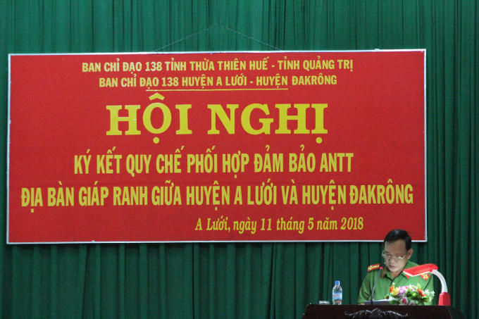 Thượng tá Phạm Quang Luận - Phó trưởng Công an huyện Đakrông phát biểu tại Hội nghị.