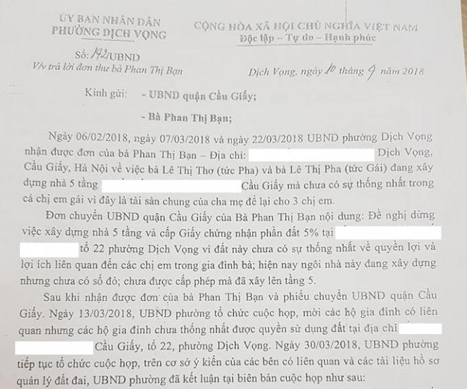 Văn bản mà UBND phường Dịch Vọng báo cáo UBND quận Cầu Giấy.