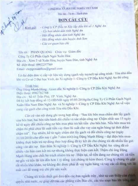 Đơn cầu cứu của đại diện Công ty Gạch ngói Xuân Hòa.