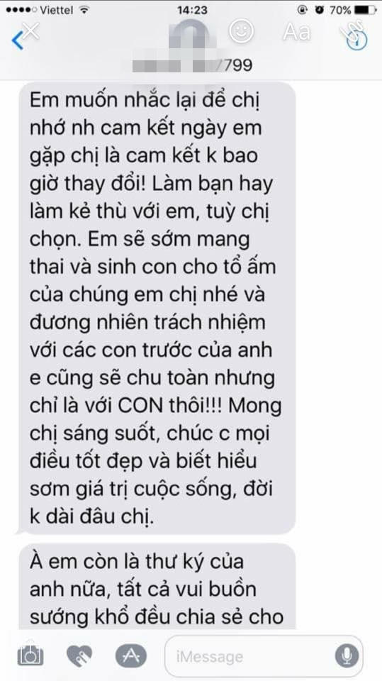 Đoạn tin nhắn được cho của Vy Oanh gửi vợ cũ doanh nhân Lê Thiện.