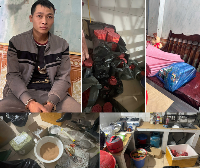 Đối tượng Đoàn Sỹ Duy cùng tang vật thu giữ. Ảnh Công an Hải Phòng.