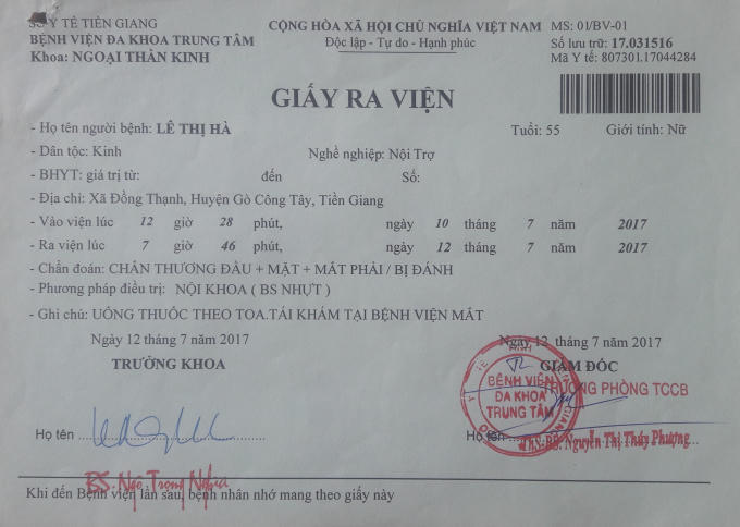 Giấy ra viện của bà Lê Thị Hà.