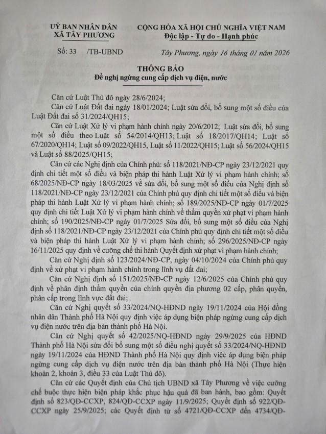 UBND xã Tây Phương sử dụng biện pháp mạnh tay khi đề nghị công ty cung cấp điện, cung cấp nước cắt điện, cắt nước đối với các trường hợp xây dựng vi phạm vẫn cố tình hoạt động.