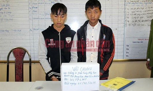 Vàng A Páo và Khà A Cải cùng tang vật 16 bánh heroin.