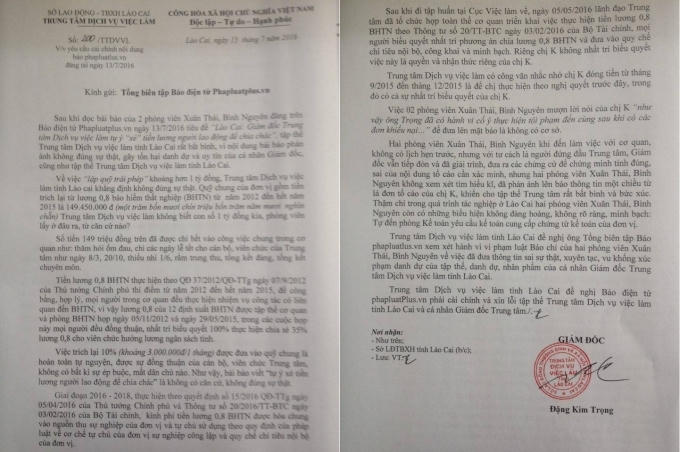 Ông Đặng Kim Trọng, Giám đốc Trung tâm dịch vụ việc làm Lào Cai đã ký văn bản yêu cầu Tổng Biên tập kiểm điểm hai phóng viên X. T. và B. N. vì