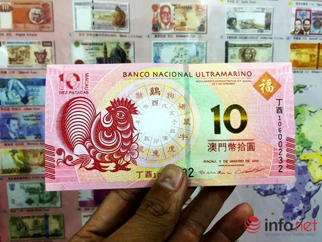 Tờ tiền này được nhập về từ Ma Cau có mệnh giá 10 Patacas (tương đương hơn 30 ngàn đồng Việt Nam). Chủ điểm bán cho biết, đây là tiền thật và mỗi năm Ma Cau đều phát hành một loại tiền trên đó in hình ảnh linh vật của năm đó. Tờ này được bán giá 100 ngàn đồng.