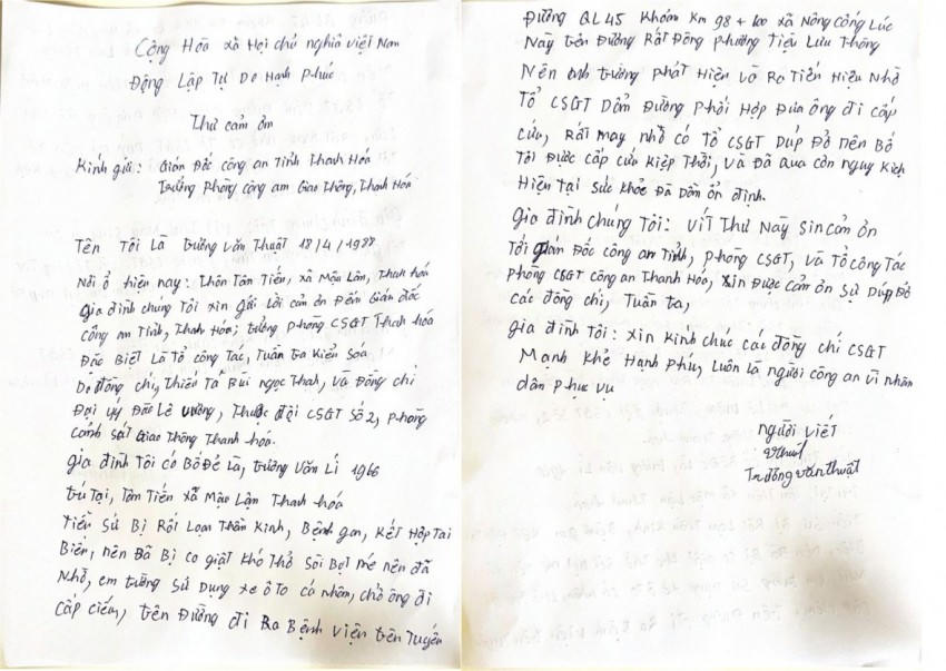 Gia đình ông Trương Văn Lý gửi thư cảm ơn lực lượng Cảnh sát giao thông đã giúp đỡ.