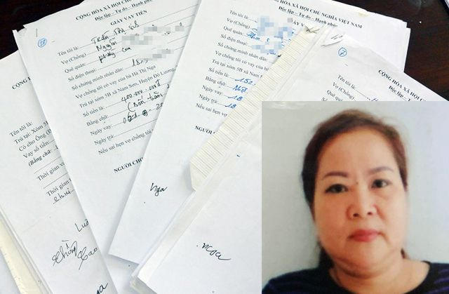 Người vay tiền của Hà Thị Nga (ảnh nhỏ) chỉ cần một biên bản ghi số tiền, thời gian vay, thời gian trả nợ. Số tiền lãi suất không được ghi vào giấy vay nợ nhưng được hai bên thỏa thuận miệng với mức từ 3-5 nghìn đồng/triệu/ngày.