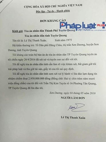 Đơn kháng cáo của Lê Thị Thanh Xuân.