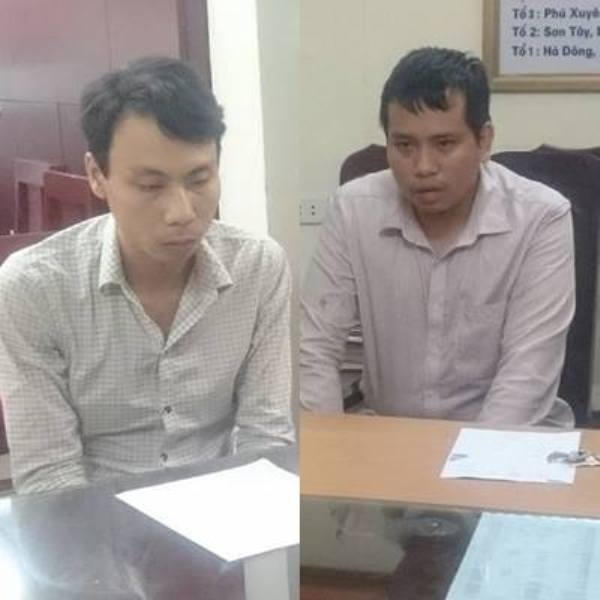 Linh (áo kẻ ô trắng) và Trường tại cơ quan điều tra.