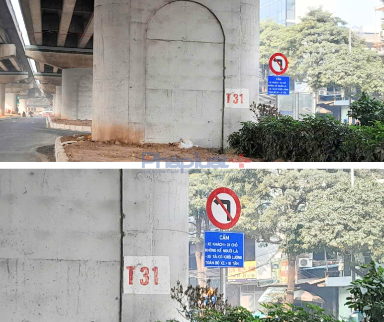 Các phương tiện tham gia giao thông khu vực này chú ý các biển báo giao thông. Trong ảnh là biển cấm rẽ trái đối với xe khách lớn hơn 28 chỗ và xe tải có khối lượng lớn hơn 10 tấn từ đường cũ vào đướng tránh gầm cầu Thanh Trì.