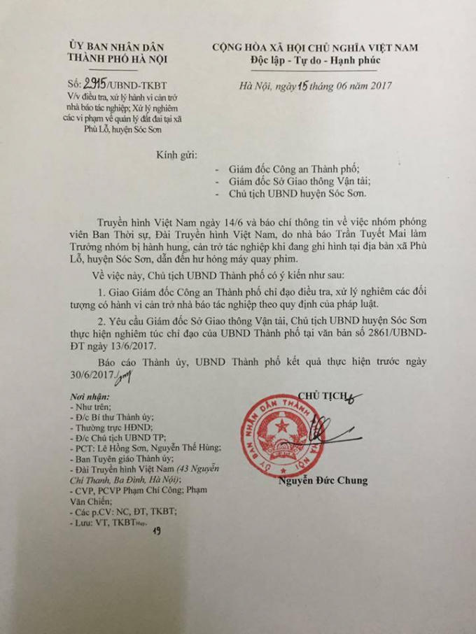 Văn bản chỉ đạo do Chủ tịch Nguyễn Đức Chung ký ngày 15/6 gửi Giám đốc Công an thành phố; Giám đốc Sở Giao thông Vận tải, Chủ tịch UBND huyện Sóc Sơn.