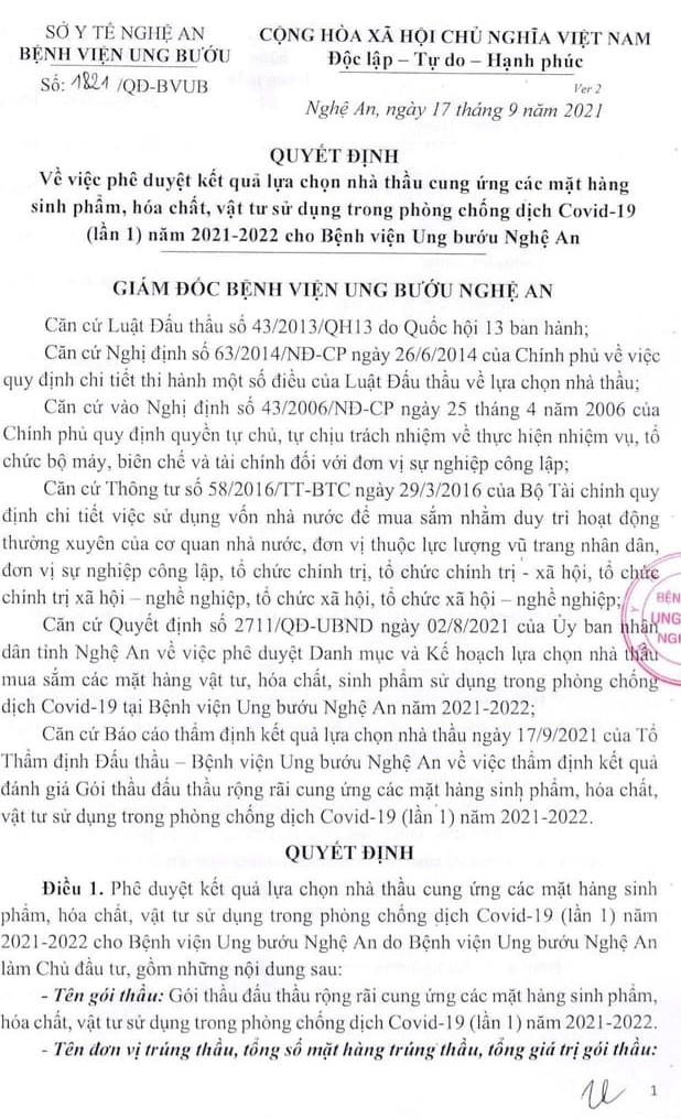 Gói thầu Cty CP công nghệ Việt Á trúng thầu tại BV Ung bướu Nghệ An có vị trí