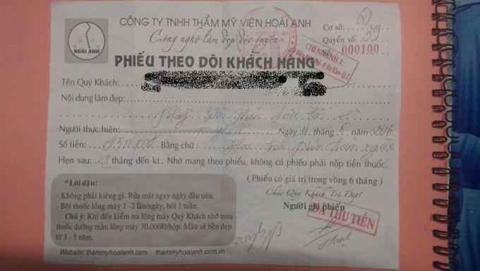 Phiếu thu không ghi lưu ý khi không được thẩm mỹ.