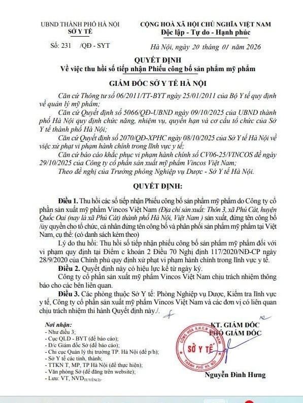 Quyết định thu hồi số tiếp nhận Phiếu công bố đối với các sản phẩm mỹ phẩm vi phạm quy định của Sở Y tế Hà Nội.