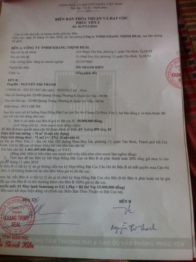 "Biên bản thỏa thuận và đặt cọc" của công ty môi giới Khang Thịnh Real với khách hàng trong việc mua bán căn hộ tại Dự án chung cư Phúc Yên.