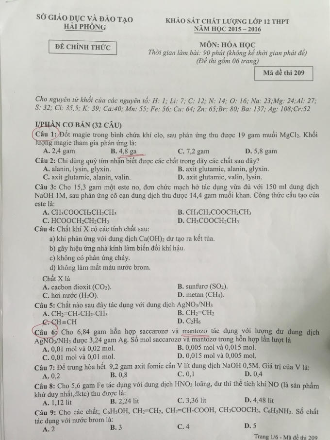 Mã đề 209 môn thi Hoá học bị sai đáp án và các câu hỏi thiếu chính xác.