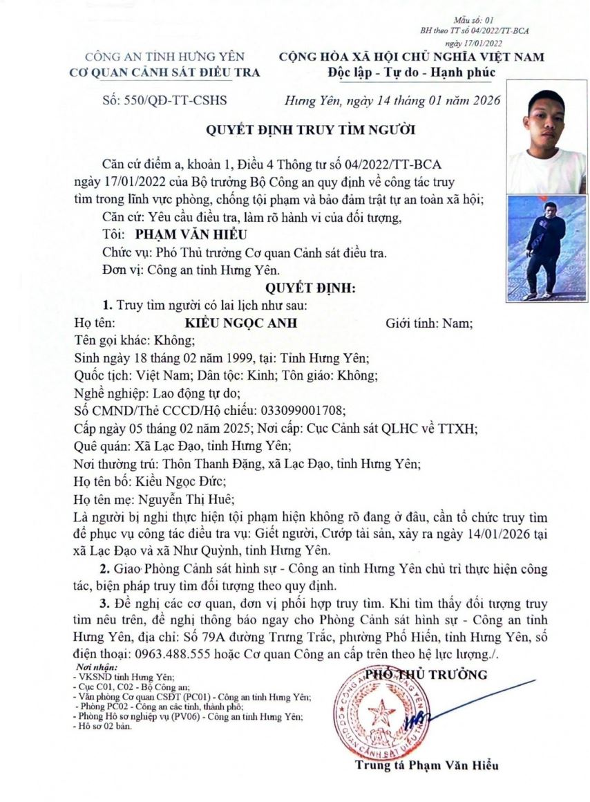Công an tỉnh Hưng Yên phát lệnh Truy tìm đối tượng Kiều Ngọc Anh.