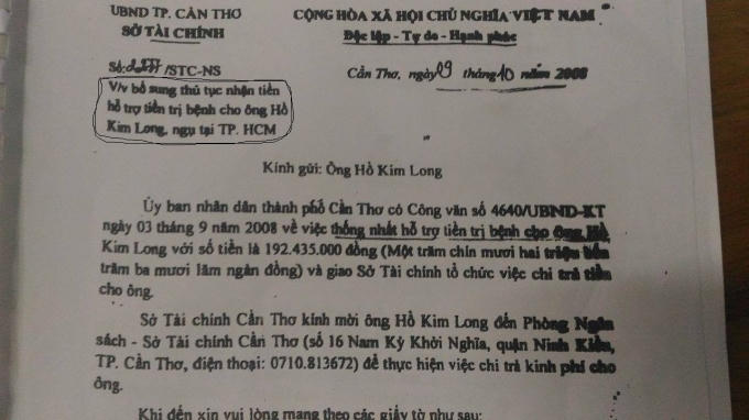 Văn bản &ldquo;hỗ trợ tiền trị bệnh&rdquo; của Sở T&agrave;i ch&iacute;nh được xem l&agrave; giải quyết khiếu nại đ&ograve;i nh&agrave; của &ocirc;ng Long.&nbsp;