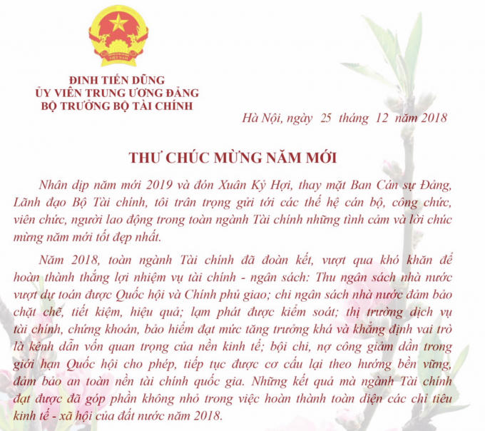 Bộ trưởng Bộ Tài chính đã gửi thư "Chúc Mừng Năm Mới".