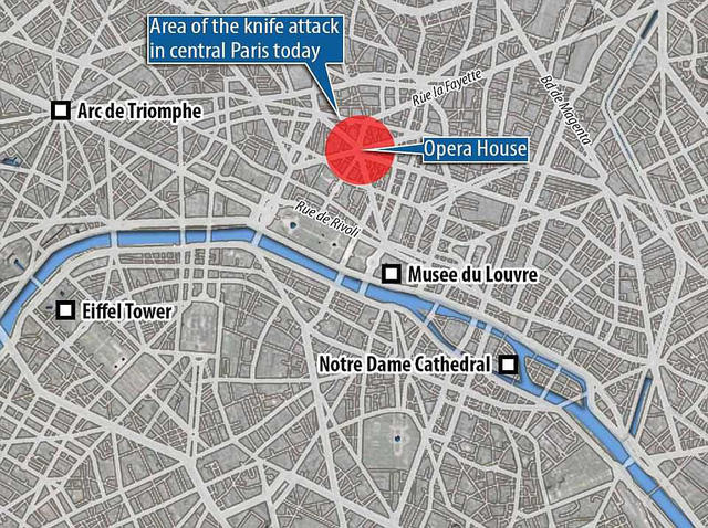 Bản đồ khu vực xảy ra vụ tấn công bằng dao tại Paris hôm 12/5 (Ảnh: Dailymail)