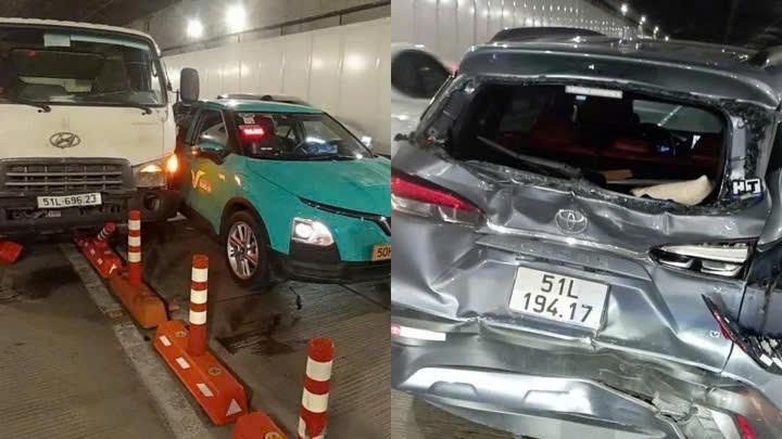 Bốn chiếc ô tô va chạm liên hoàn trong hầm vượt sông Sài Gòn.