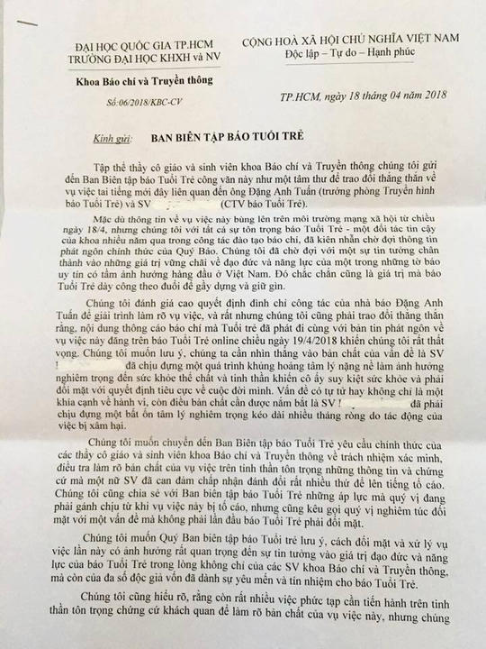 Trường ĐH Khoa học xã hội và Nhân văn TP HCM gửi cho Báo Tuổi Trẻ