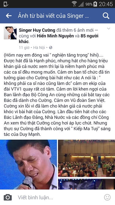 Dòng chia sẻ đầy cảm xúc của ca sĩ Huy Cường trên trang Facebook cá nhân.