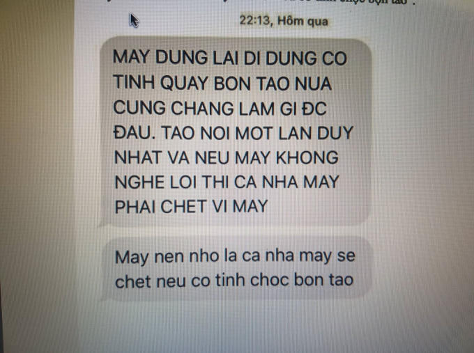 Nội dung tín nhắn đe dọa "giết cả nhà" được gửi đến số điện thoại của hai nữ nhà báo.