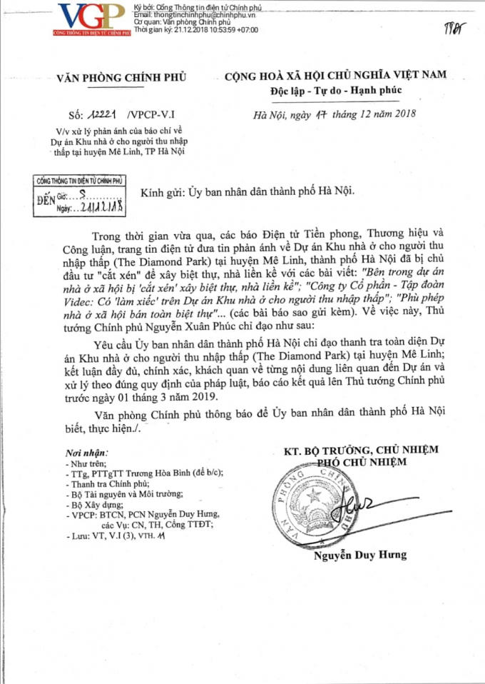 Văn bản chỉ đạo của Văn phòng Chính phủ.