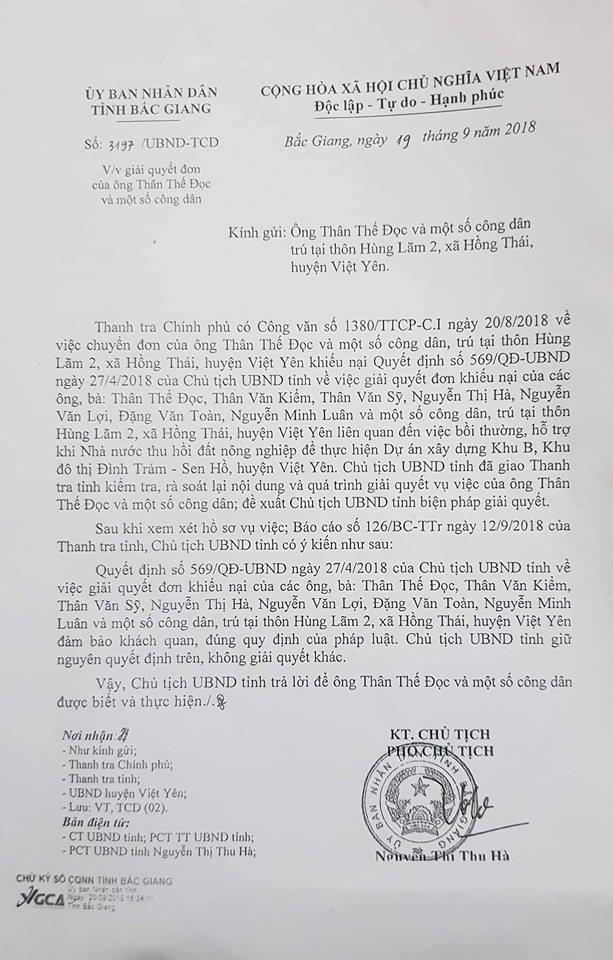UBND tỉnh Bắc Giang thêm 1 lần nữa khẳng định, khiếu nại không có căn cứ, việc thu hồi đất, đền bù GPMB tại dự án này đúng quy định của pháp luật.