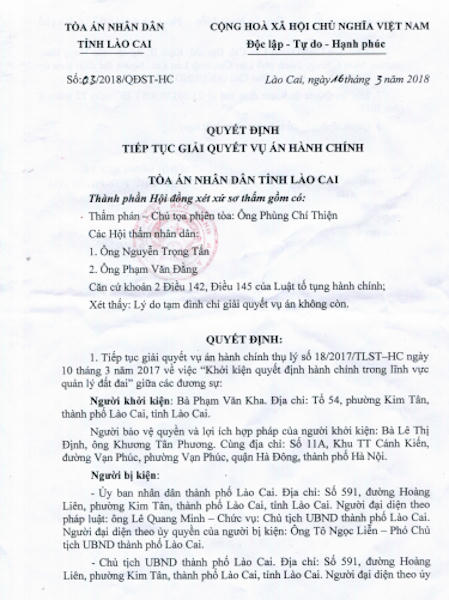 TAND tỉnh Lào Cai vừa ra 3 quyết định tiếp tục giải quyết vụ án hành chính khi người dân khởi kiện Chủ tịch UBND tỉnh Lào Cai, Chủ tịch UBND TP Lào Cai và UBND TP Lào Cai ra tòa.