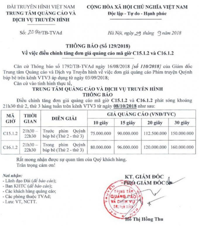 Bản thông báo điều chỉnh giá quảng cáo trong phim Quỳnh búp bê của Đài truyền hình Việt Nam.