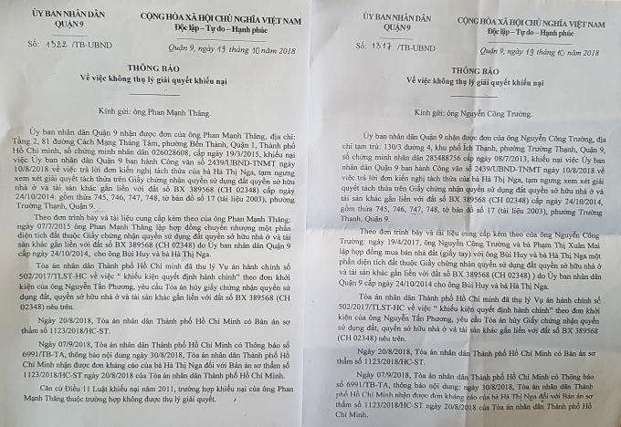 Thông báo không thụ lý giải quyết khiếu nại của UBND quận 9.