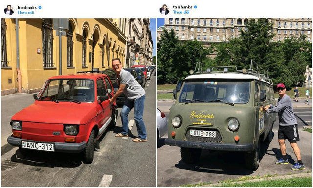 Trong khi đó, diễn viên gạo cội Tom Hanks lại thích kiểu tạo dáng như đang định “chôm chỉa” những chiếc xe cũ kỹ bên đường.