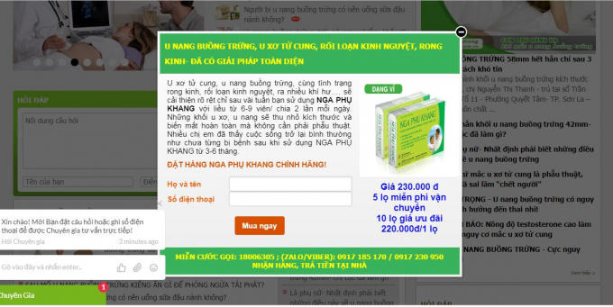 Sản phẩm Nga Phụ Khang được quảng cáo trên website unangbuongtrung.com.vn.