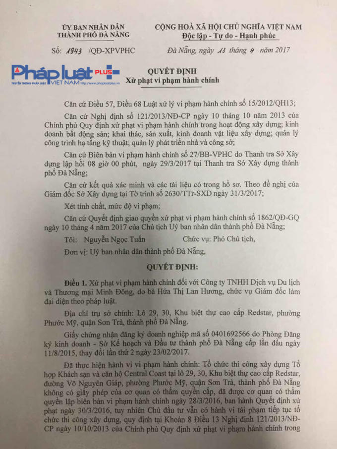 Quyết định xử phạt hành chính của UBND TP Đà Nẵng.