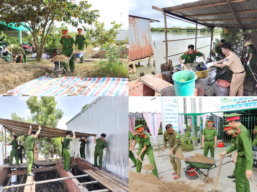 Thanh niên Công an tỉnh Cà Mau tích cực hỗ trợ hội viên Hội Cựu Công an nhân dân xây dựng nhà nghĩa tình.
